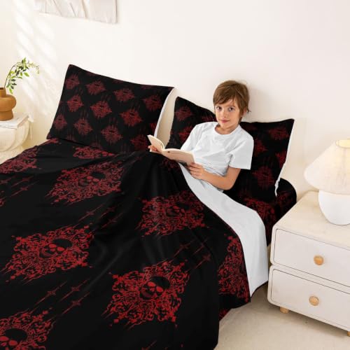 Gothic Skeleton Bed Sheets Set - Full Size Black and Red Victorian Style