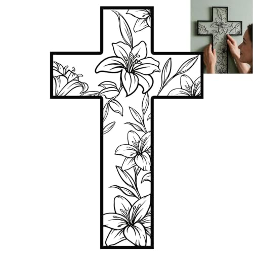 Floral Cross Wall Art Decor with Lily Design, Metal Religious Artwork