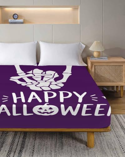 Twin Size Halloween Spooky Skeleton & Pumpkin Microfiber Flat Sheet - Purple