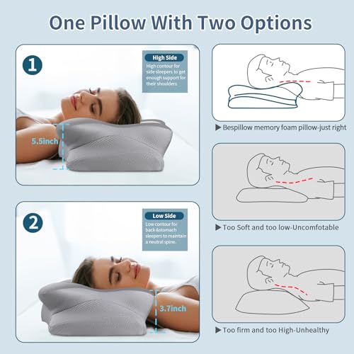 Cervical Support Pillow for Neck Pain Relief - Grey & White, Ergonomic Memory Foam