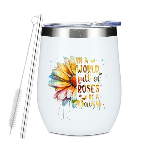 Daisy Watercolor Wine Tumbler 12 oz Insulated Travel Mug with Lid & Straw - Daisy 672