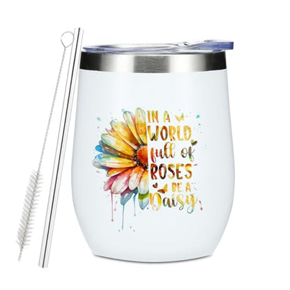 Daisy Watercolor Wine Tumbler 12 oz Insulated Travel Mug with Lid & Straw - Daisy 672