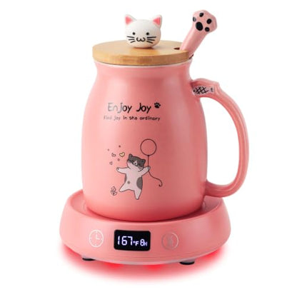 Pink Cat Mug Warmer Set with 16oz Ceramic Cup - Electric Desk Heater