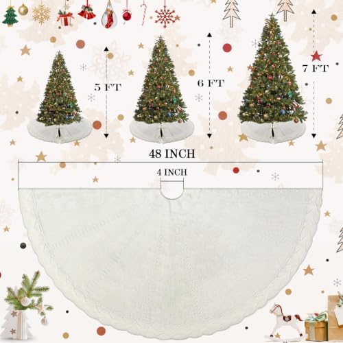 White 48 Inch Cream Knit Christmas Tree Skirt for 7-7.5 FT Trees, Boho Cable Knit Xmas Decor