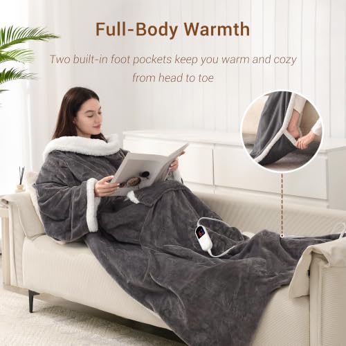 Wearable Heated Blanket with Foot Pocket & Sleeves - Grey, Long