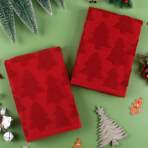 Christmas Hand Towels Set - Red Tree Pattern, 2 Pack, Cotton Bathroom Decor