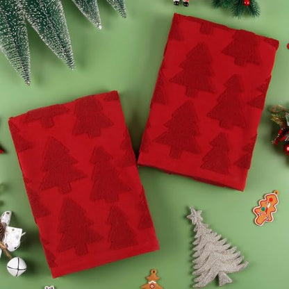 Christmas Hand Towels Set - Red Tree Pattern, 2 Pack, Cotton Bathroom Decor