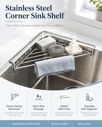 1pc Stainless Steel Corner Sink Shelf with Wire Sponge Holder & Drying Rack