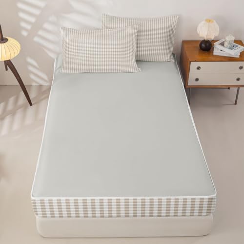 Khaki White Checkered Zipper Bedding Set Full Size - Kids Bed Comforter & Sheet