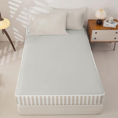 Khaki White Checkered Zipper Bedding Set Full Size - Kids Bed Comforter & Sheet