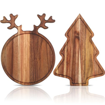 Umigy 2 Pcs Christmas Reindeer and Tree Charcuterie Boards - Acacia Wood