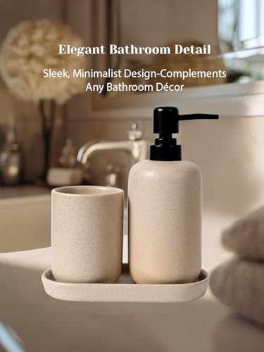 Ceramic Bathroom Accessory Set with Soap Dispenser Toothbrush Holder Tray Beige