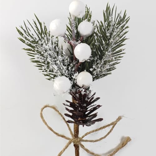 Artificial Christmas Pine Picks with Berries, Cones & Snow - 20pcs 8 Inch Decor