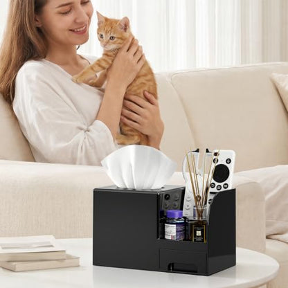 Black Plastic Square Tissue Box Cover with Remote Holder & Storage - Multi-Functional