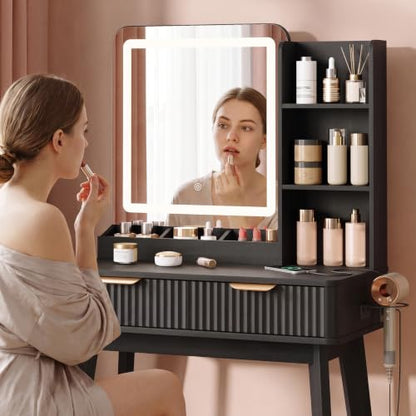 Vabches Black Small Makeup Vanity Desk with Mirror, Lights & USB-C Charger