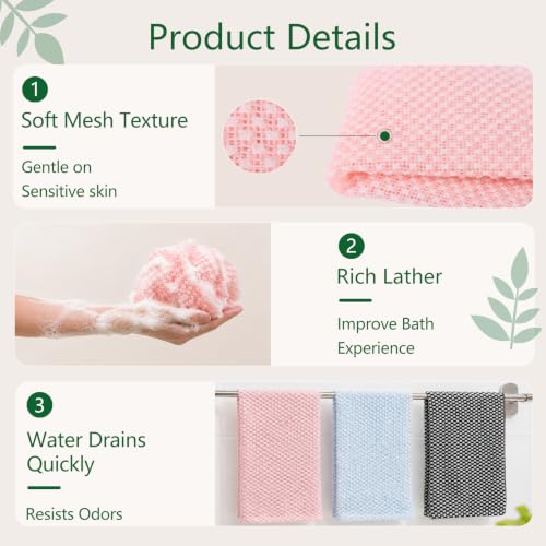 Exfoliating Washcloth Back Scrubber 3 Pcs - Black Blue Pink Japanese Shower Towels
