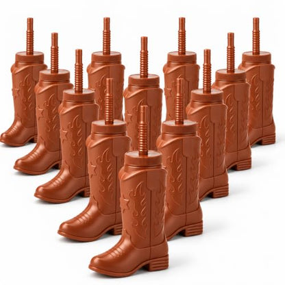 Brown Cowboy Boot Cups with Lids & Straws - 11oz Western Party Set - 12 Pack