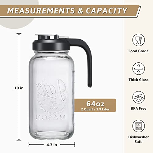 AOZITA Glass Pitcher with Lid - 2 Quart Mason Jar Pitcher with Filter Lid, Wide Mouth Jar Leak-proof Water Jug, Heavy Duty Container for Water, Juice, Milk, Tea, Iced Coffee, and Drinks