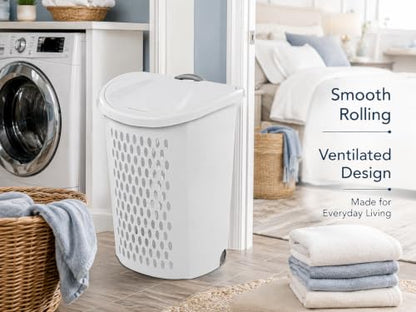 Rolling Laundry Hamper with Lid - White Plastic Wheeled Laundry Basket - Variation 1