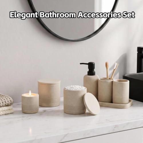 7 PCS Bathroom Accessories Set with Candle Holder & Black Pump Head - Sandstone Look