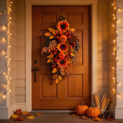 2 Pack Fall Harvest Teardrop Swags for Front Door - Autumn Decor