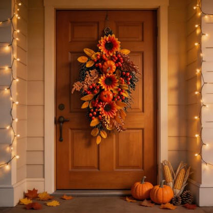 2 Pack Fall Harvest Teardrop Swags for Front Door - Autumn Decor