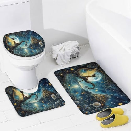 Fairy Moon Castle Night Bathroom Set with Shower Curtain and Flannel Rugs - 71x71 Inches - Non Slip Bath Mats
