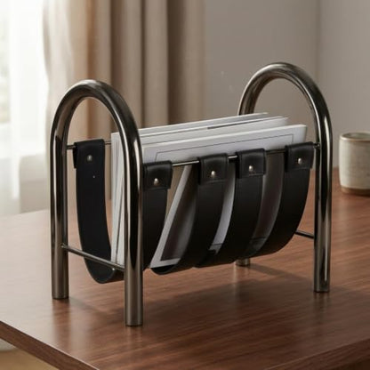 Magazine Storage Rack Holder with Metal Frame and Leather Straps for Study Living Room Office