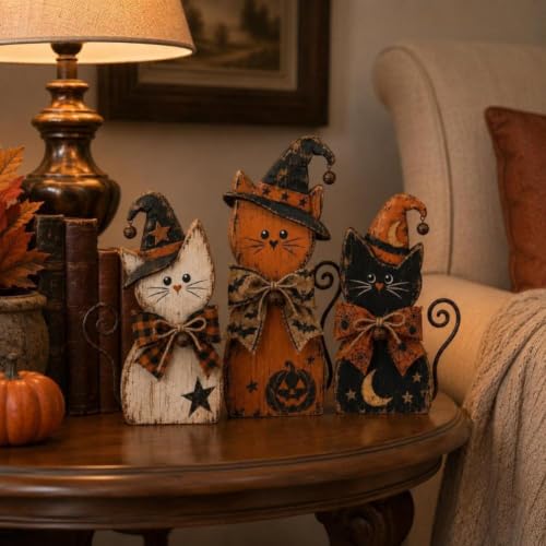 Wooden Cat Halloween Decor Set - Rustic Farmhouse Kittens for Autumn