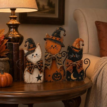 Wooden Cat Halloween Decor Set - Rustic Farmhouse Kittens for Autumn