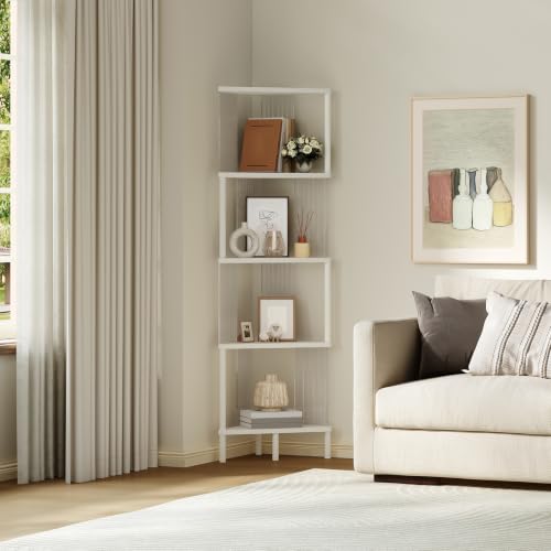 5-Tier Corner Shelf - White Corner Bookshelf for Small Spaces