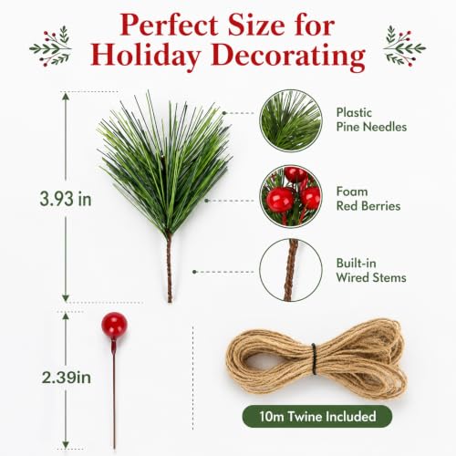 Holly Berry Stems - 96 Artificial Christmas Greenery Picks for Crafts