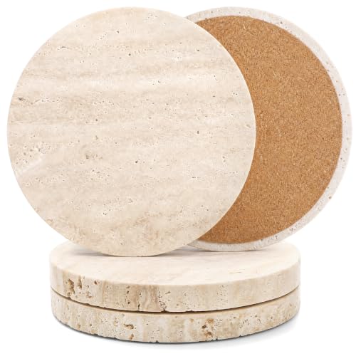 4 Pack 4-Inch Travertine Marble Coasters with Non-Slip Cork Backing