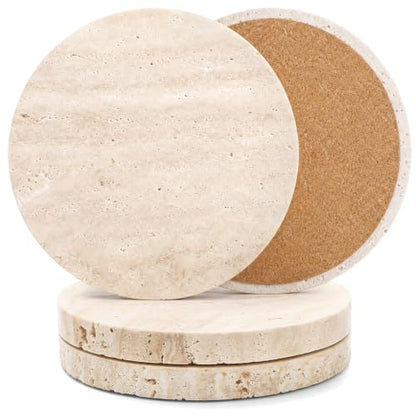 4 Pack 4-Inch Travertine Marble Coasters with Non-Slip Cork Backing