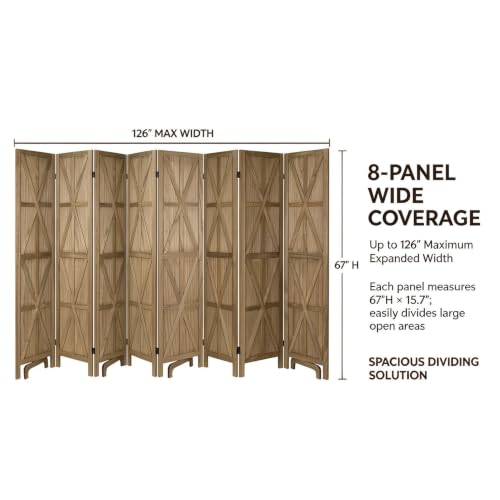 8-Panel Wooden Room Divider - 67" Tall Folding Privacy Screen in Dark Brown (Variation: Dark Brown 8 Panel)