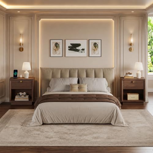 Fluted Nightstands Set of 2 with Charging Station & Drawer, Walnut – 23" Wide Bedside Tables