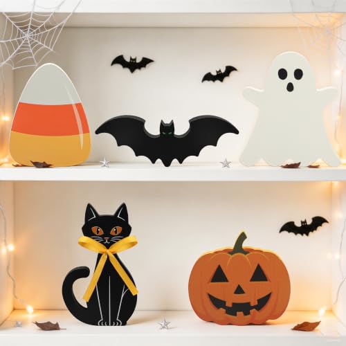 Halloween Wooden Decor Signs Set - Ghost Pumpkin Bat Black Cat Candy Corn