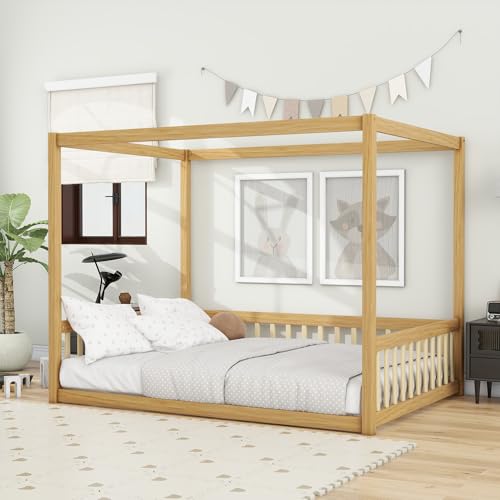 Full Size Montessori Floor Bed with Canopy Frame - Natural