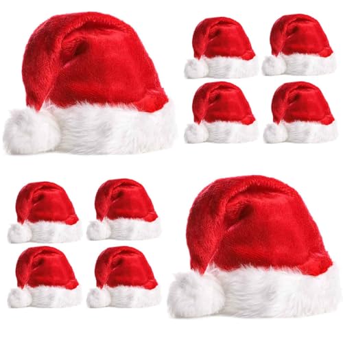 Santa Hats Bulk for Adults - Soft Velvet Christmas Holiday Party Wear - Set of 10