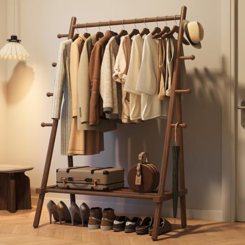 Yoobure Walnut Solid Wood Clothes Rack with 8 Hooks & Shelf - Heavy Duty Freestanding Garment Organizer