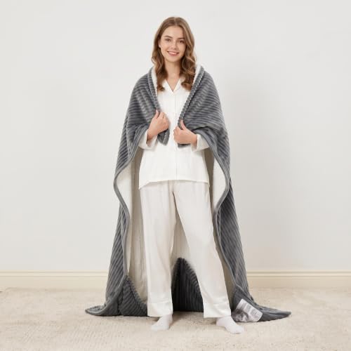Garvee Light Gray Heated Blanket with Foot Pockets, 50x62 Electric Throw, Reversible Ribbed & Sherpa
