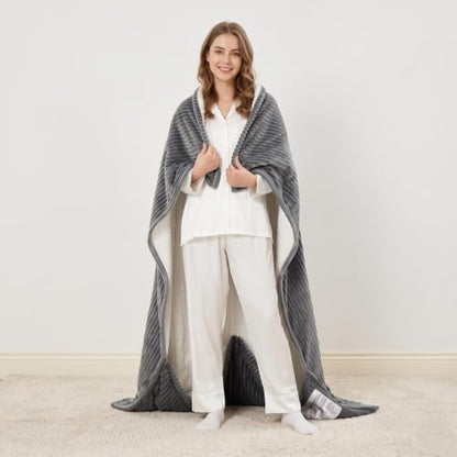 Garvee Light Gray Heated Blanket with Foot Pockets, 50x62 Electric Throw, Reversible Ribbed & Sherpa