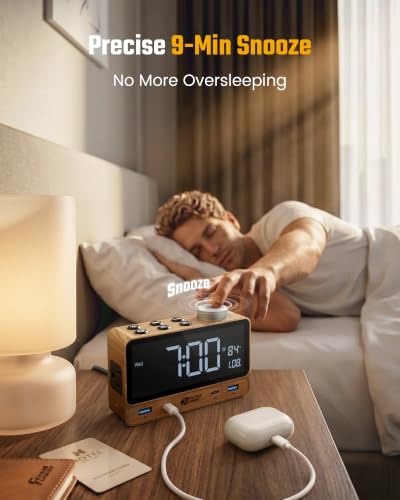 Walnut Wood Superdanny Alarm Clock with 20W PD Charging Station, 4 USB & 2 AC Outlets