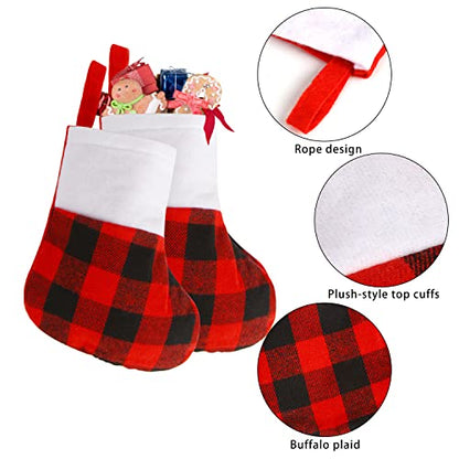 Mini Christmas Stockings Set of 12 - Red Buffalo Plaid Holiday Decor
