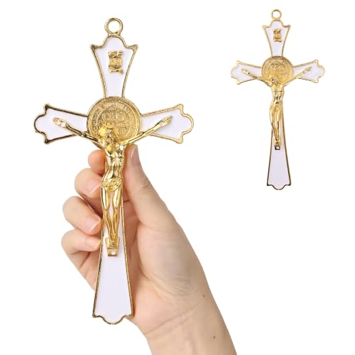 Roman Catholic Gold Corpus Saint Benedict Crucifix Wall Cross - 8 Inch White Enamel Finish
