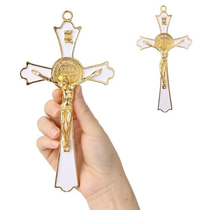 Roman Catholic Gold Corpus Saint Benedict Crucifix Wall Cross - 8 Inch White Enamel Finish