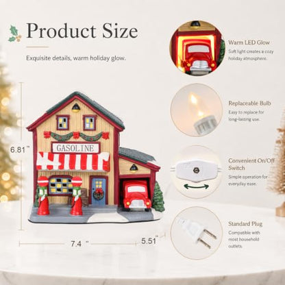 Ceramic Christmas Village House with Light-Up Gas Station - Holiday Decor - Variation of Gas Station