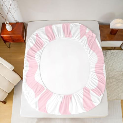 Queen Size Kids Fitted Sheet Set with Deep Pockets - White Pink, 3 Pieces