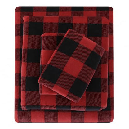 Rdbbuch Queen Plush Micro Fleece Buffalo Plaid Bed Sheet Set - Holiday Winter Flannel, Deep Pocket