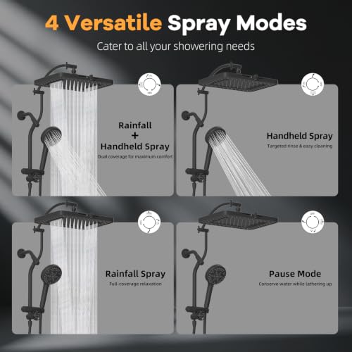 Rain Shower Head Combo with 10-Mode Filtered Handheld Spray - Black, Square 13"